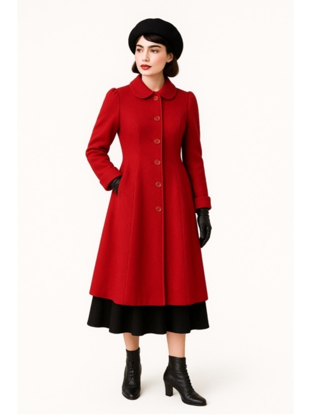 Vintage 80s Red Wool Coat Made in Canada Pea Coat Winter Holiday Puff Sleeve M/L
